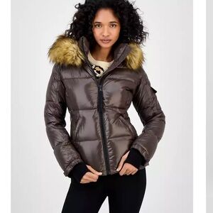 Women's Brown Puffer Jacket with Faux Fur Hood size XL